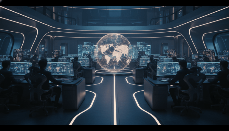 Concepto visual de seguridad corporativa y resiliencia ante riesgos globales en una oficina moderna.