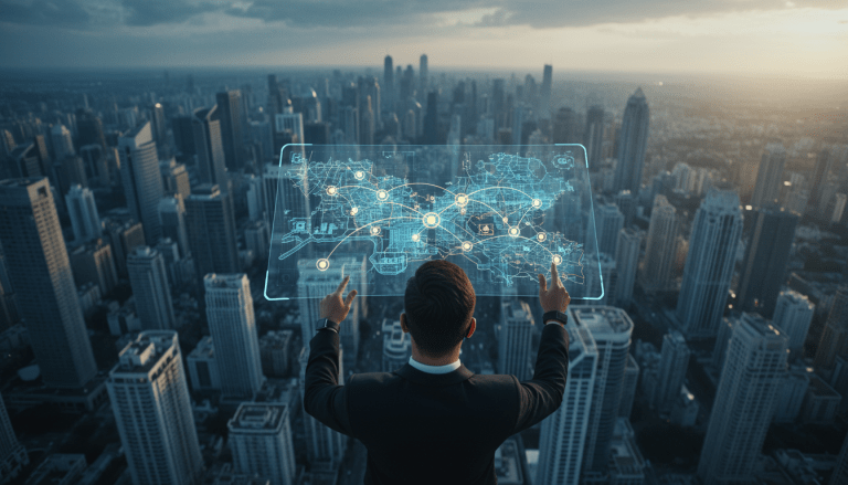 Profesional de seguridad empresarial analizando red de expansion comercial sobre un mapa digital en un entorno moderno.
