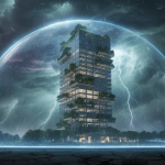 Edificio de oficinas moderno protegido por tecnología de vanguardia ante un clima extremo