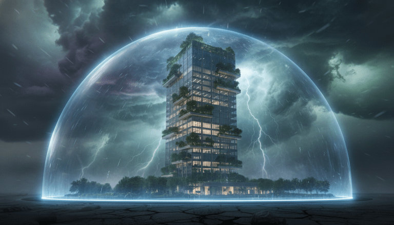 Edificio de oficinas moderno protegido por tecnología de vanguardia ante un clima extremo