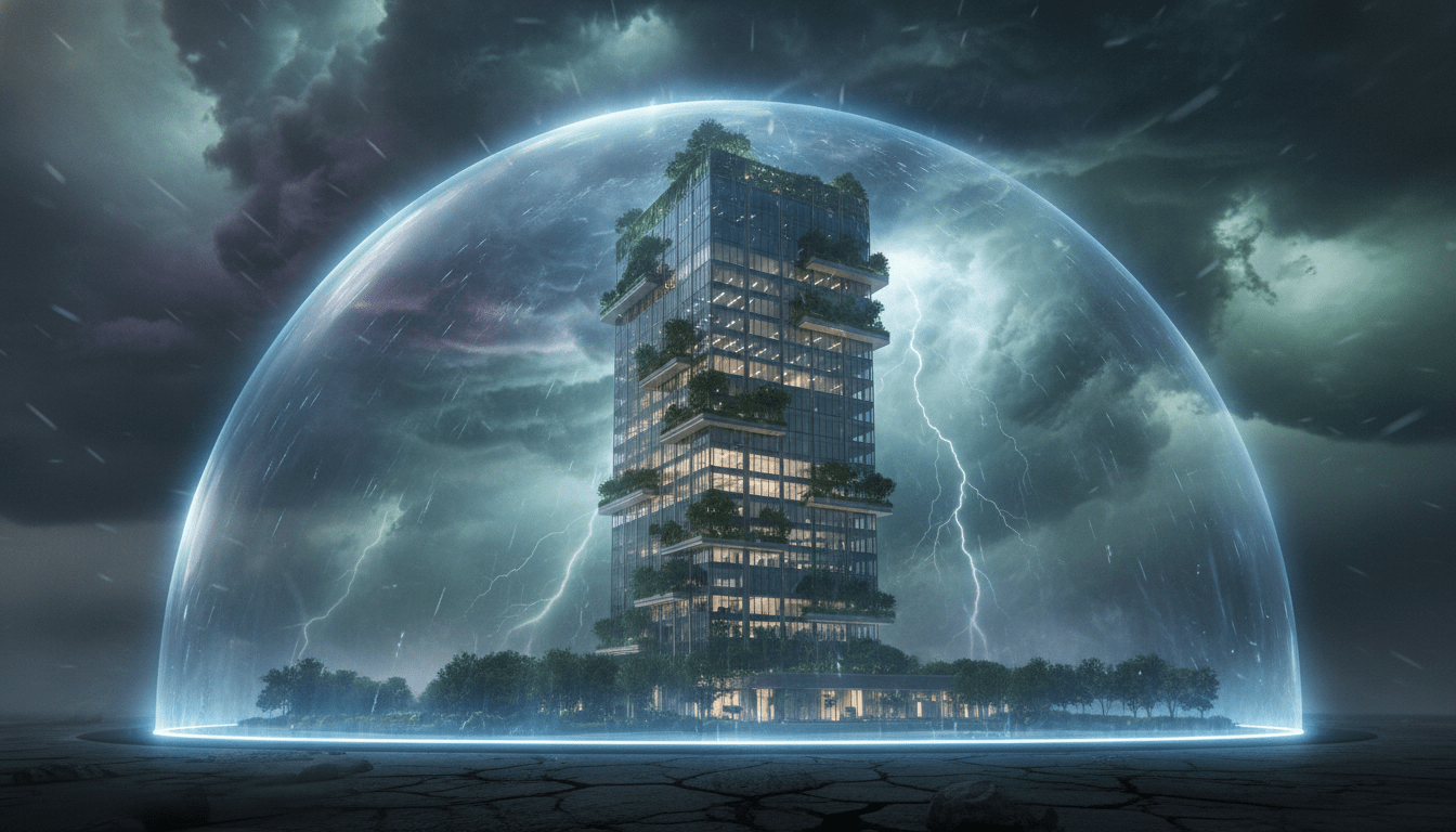 Edificio de oficinas moderno protegido por tecnología de vanguardia ante un clima extremo