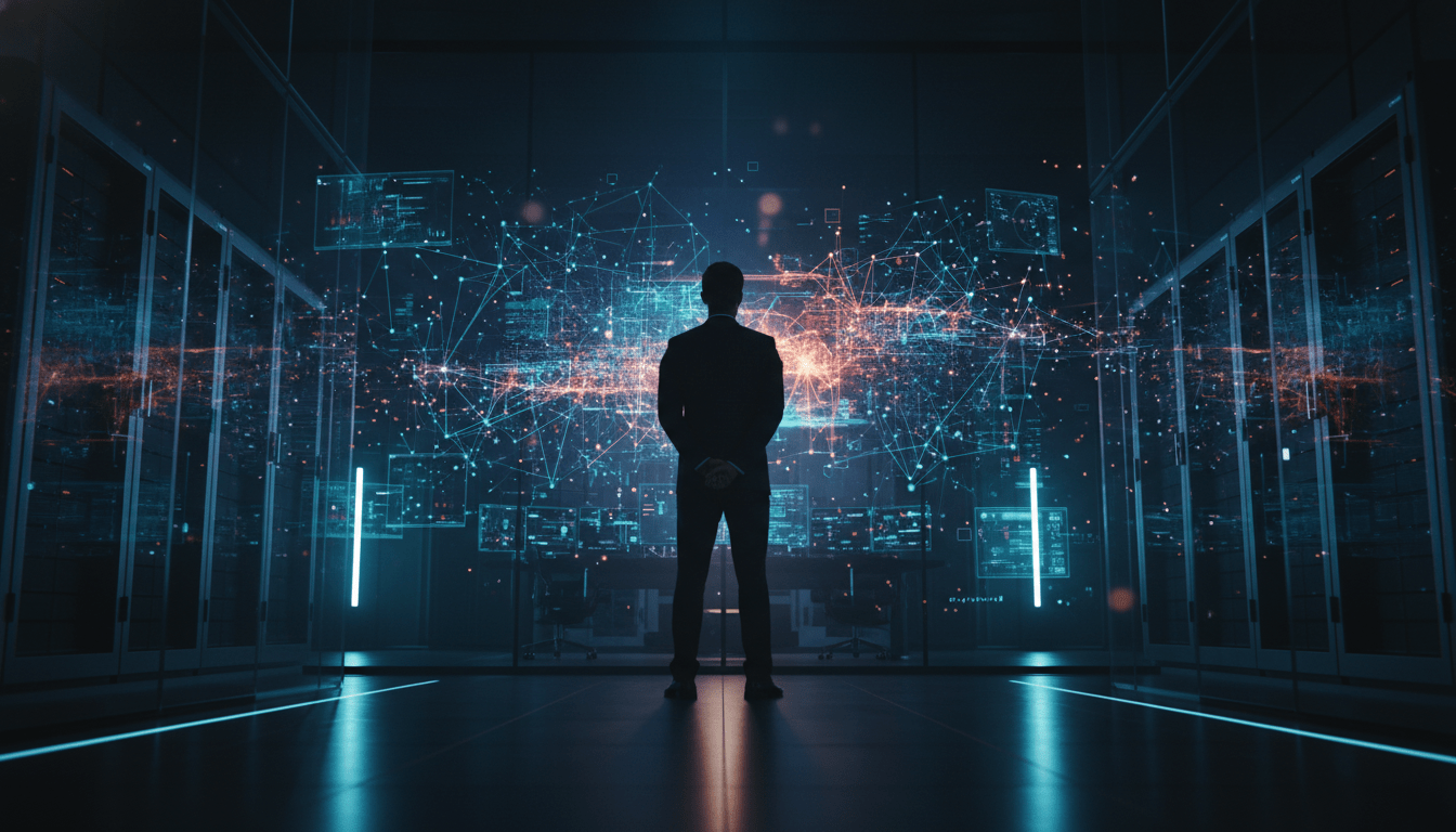Estratega de seguridad corporativa analizando flujos de datos complejos en un entorno de guerra hibrida digital.