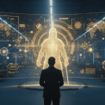 Estratega de seguridad frente a un holograma táctico que combina tecnología moderna y tácticas militares clásicas en un entorno digital.