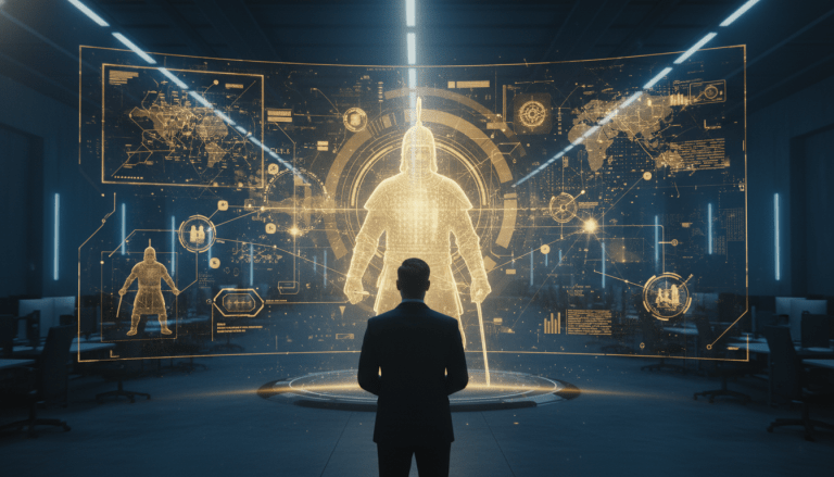 Estratega de seguridad frente a un holograma táctico que combina tecnología moderna y tácticas militares clásicas en un entorno digital.