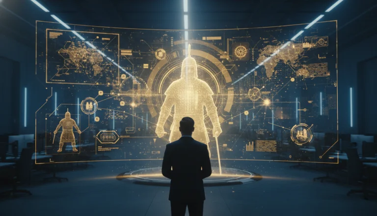 Estratega de seguridad frente a un holograma táctico que combina tecnología moderna y tácticas militares clásicas en un entorno digital.