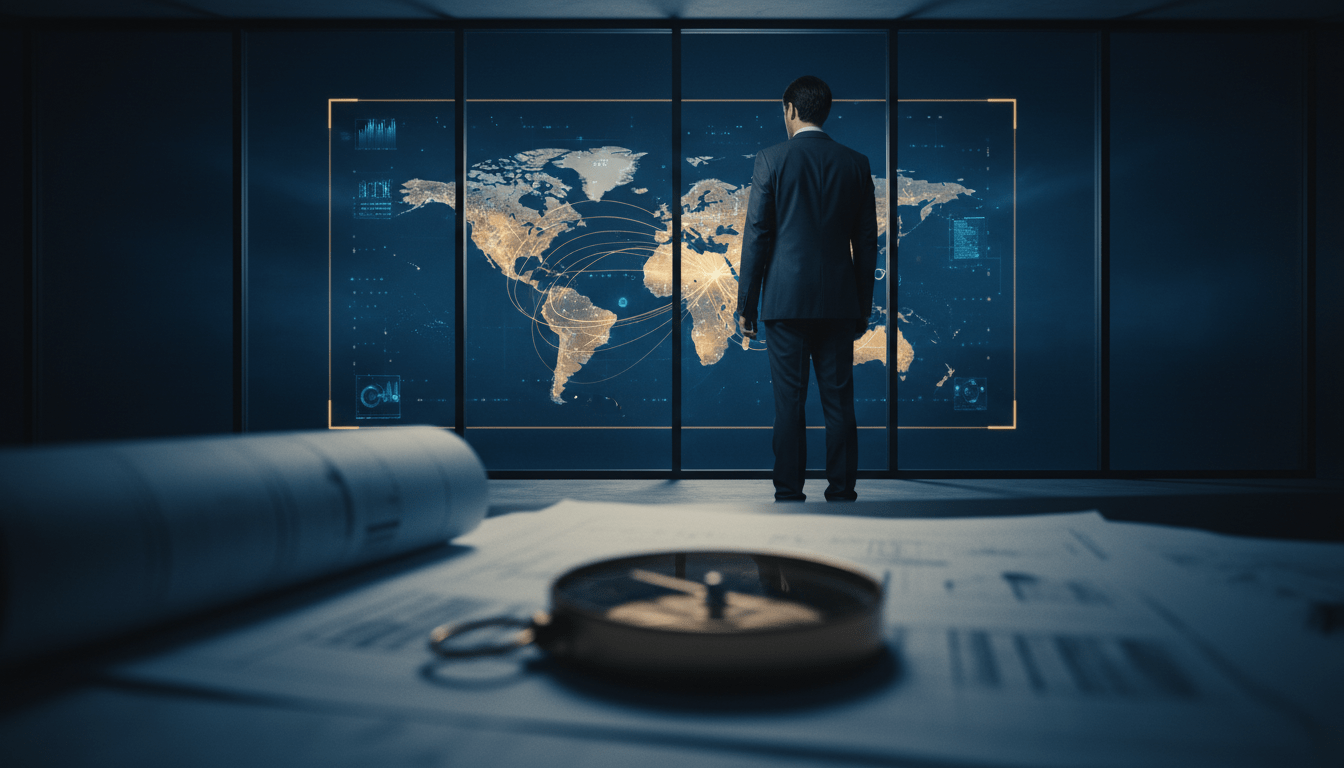 Estratega de seguridad analizando un mapa global digital en una oficina corporativa moderna para la internacionalización de servicios.