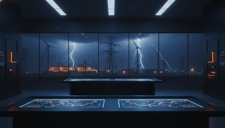 Centro de control de seguridad operativa monitoreando infraestructura energética crítica durante una crisis de suministro
