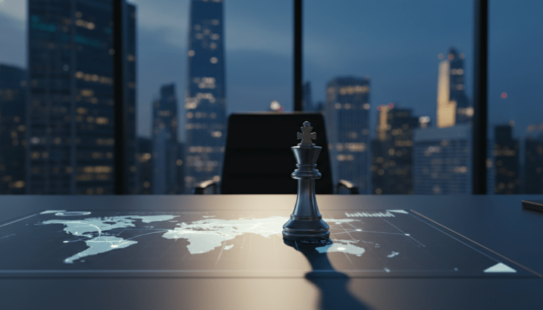 Concepto estratégico de finanzas internacionales y gestión de riesgos en seguridad privada con mapa global y pieza de ajedrez.