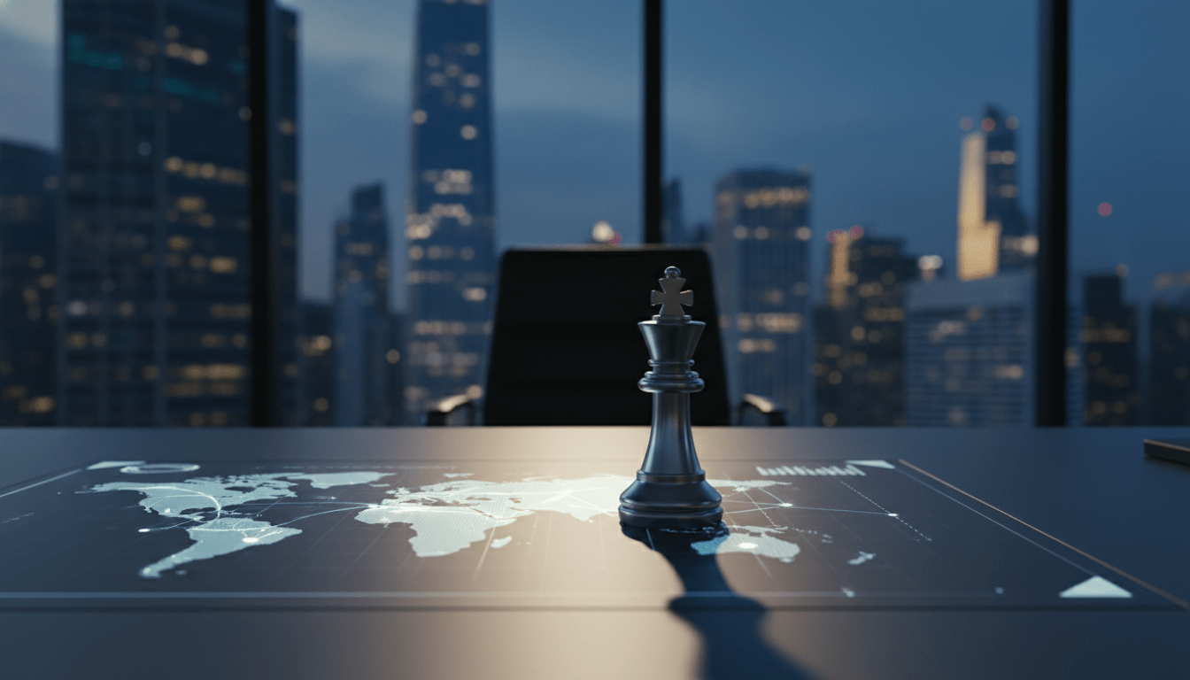 Concepto estratégico de finanzas internacionales y gestión de riesgos en seguridad privada con mapa global y pieza de ajedrez.