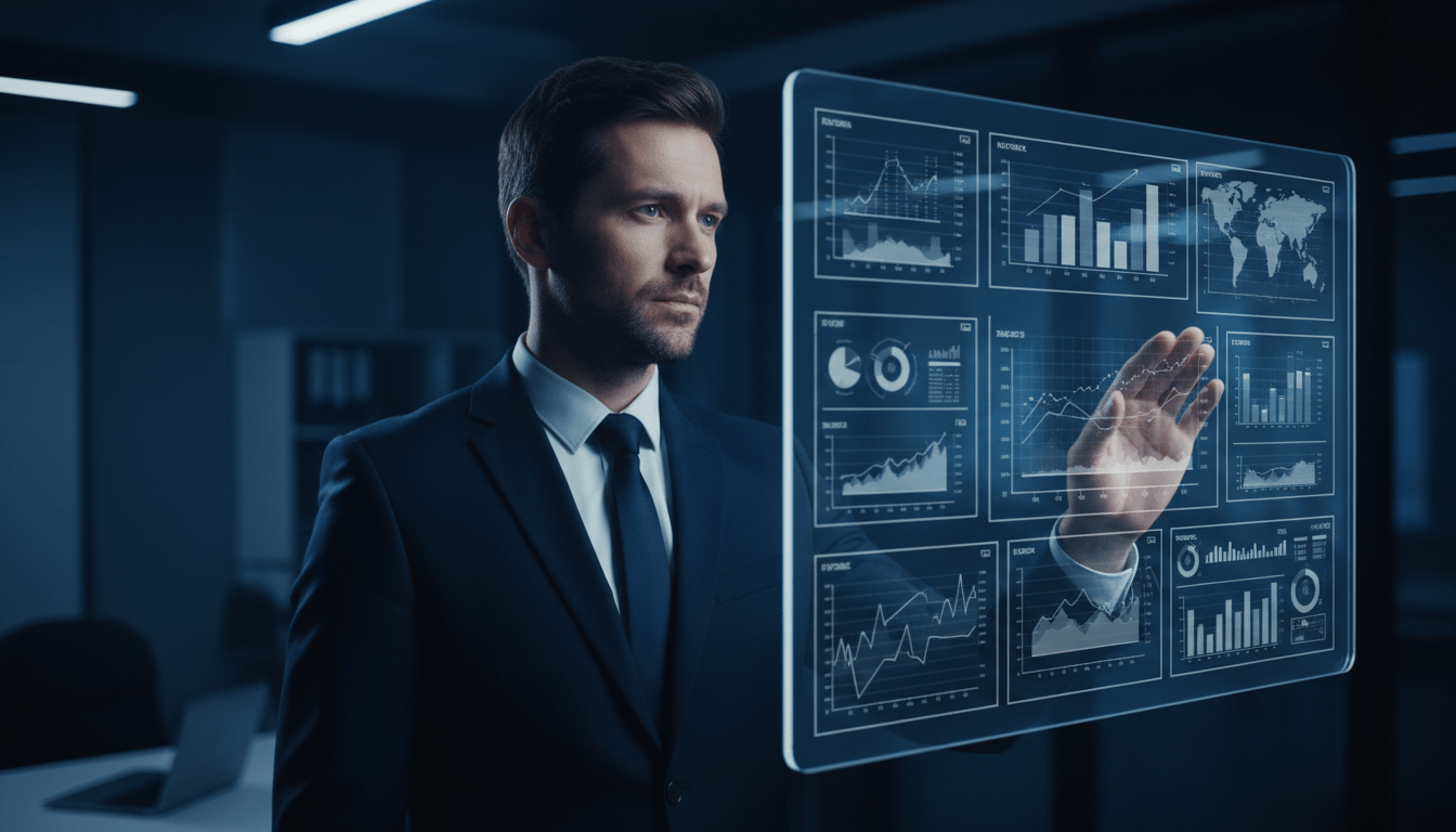 Ejecutivo analizando datos de seguridad empresarial en un entorno corporativo moderno y profesional.