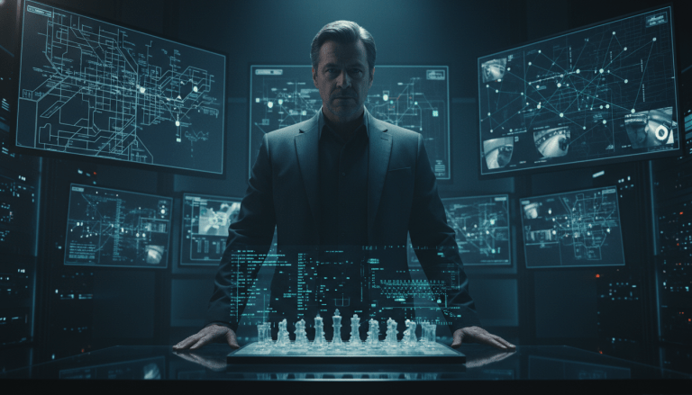 Agente de contravigilancia analizando datos en monitores con un ajedrez holográfico, simbolizando la estrategia en la detección de vigilancia hostil.