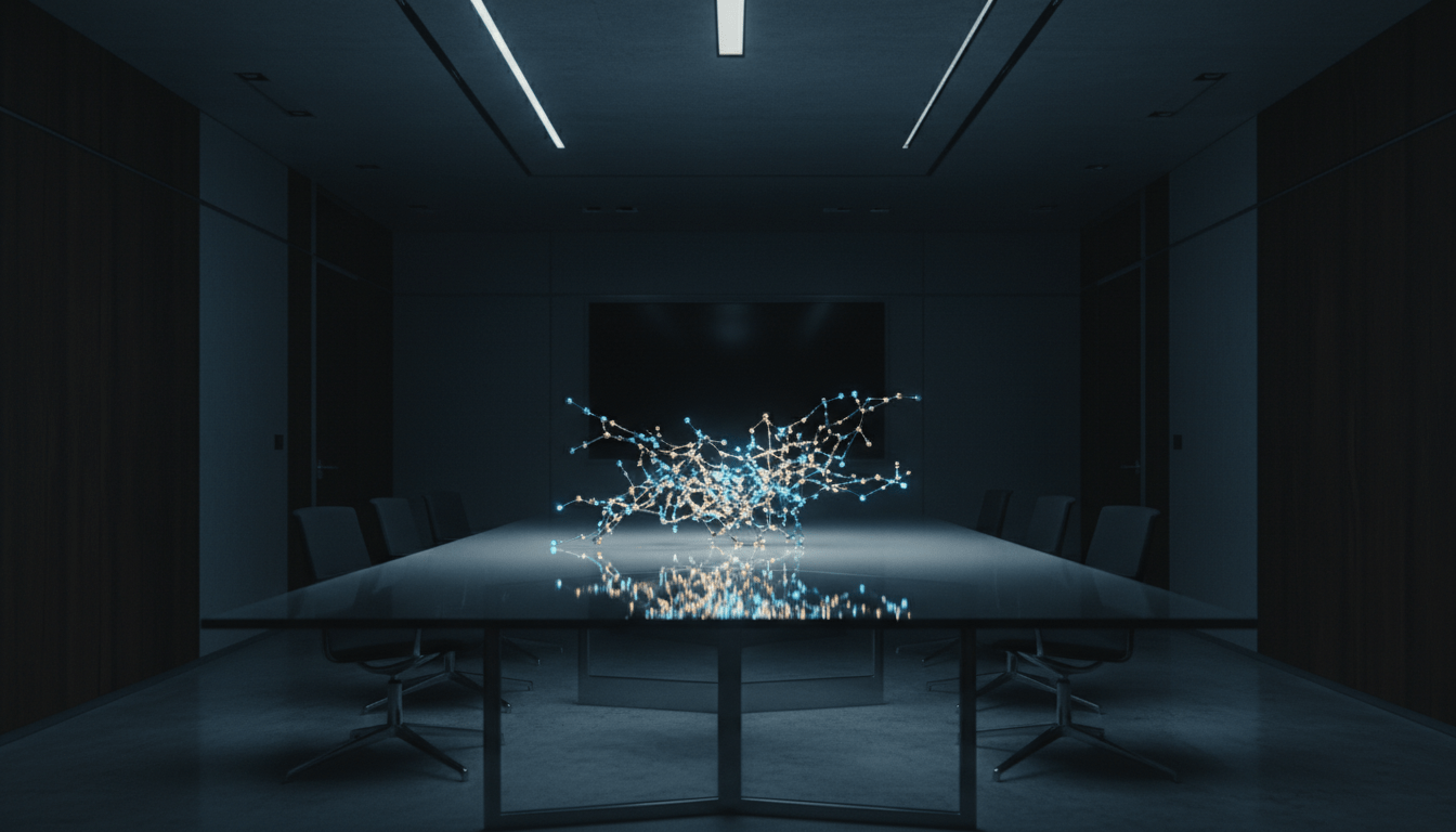 Estructura compleja de red neuronal sobre mesa de juntas representando la inteligencia estratégica y el gobierno corporativo moderno.