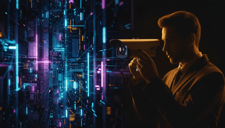Tecnico profesional instalando un sistema de seguridad avanzado frente a un fondo digital abstracto que representa la tecnologia de Silicon Valley
