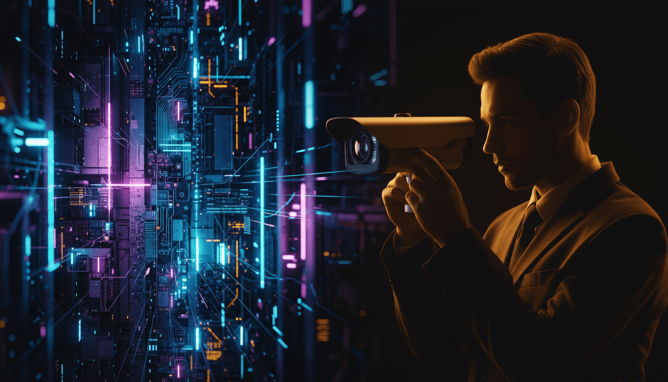 Tecnico profesional instalando un sistema de seguridad avanzado frente a un fondo digital abstracto que representa la tecnologia de Silicon Valley