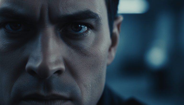 Primer plano de un operador de seguridad bajo estrés manteniendo la calma, estilo cinematográfico.