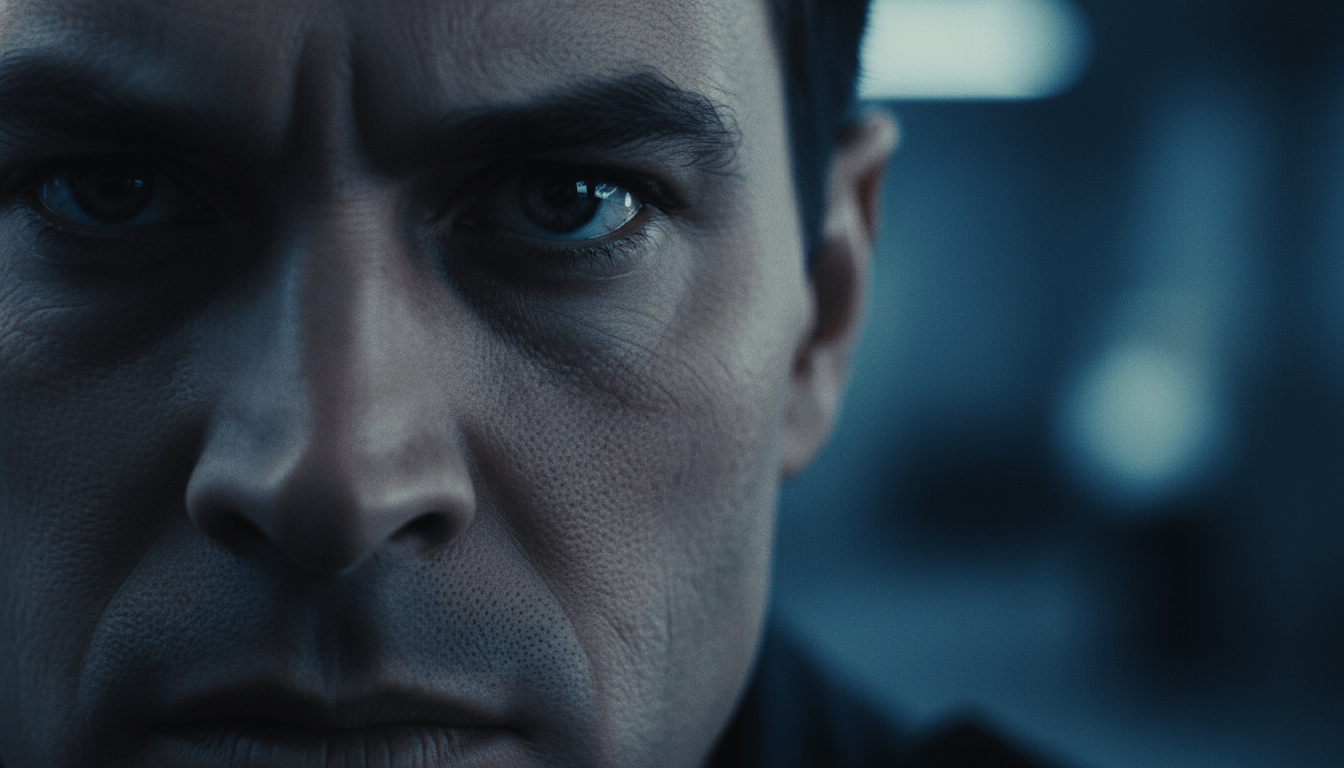 Primer plano de un operador de seguridad bajo estrés manteniendo la calma, estilo cinematográfico.