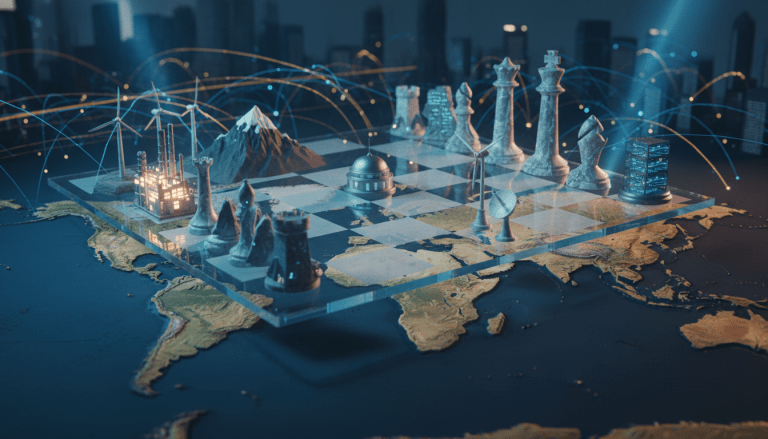 Tablero de ajedrez geopolítico con piezas abstractas sobre un mapa topográfico mundial, simbolizando estrategia global y poder.