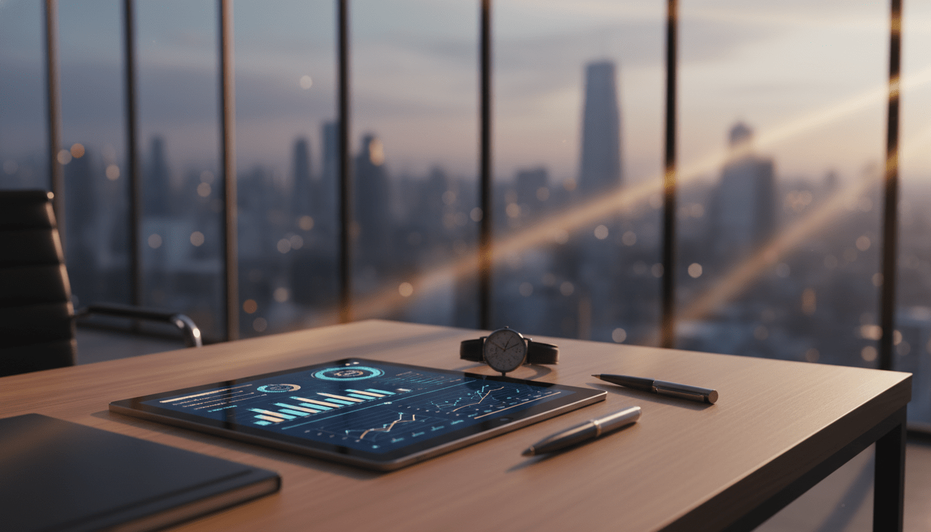 Gestión financiera estratégica y control de tesorería en una empresa de seguridad privada con gráficos digitales en una oficina corporativa.