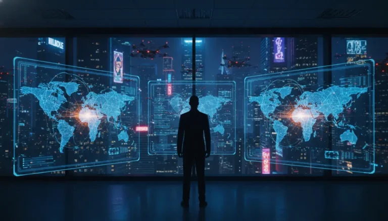 Representación conceptual de la guerra de cuarta generación con mapas digitales y tecnología de vigilancia en un centro de control.