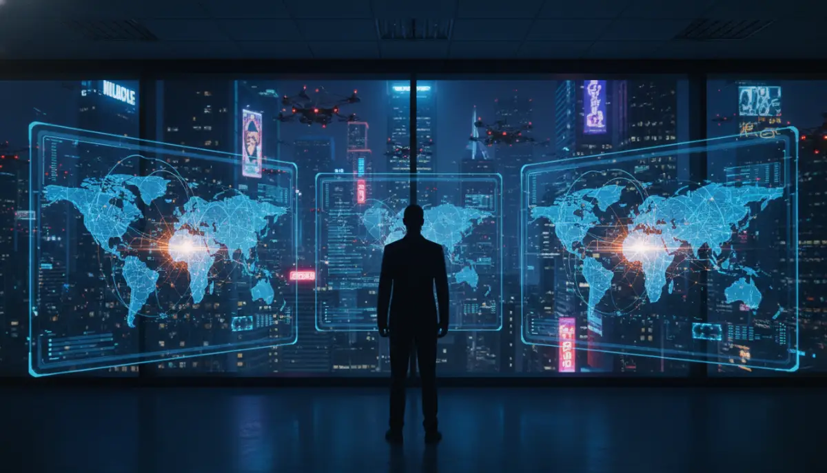 Representación conceptual de la guerra de cuarta generación con mapas digitales y tecnología de vigilancia en un centro de control.