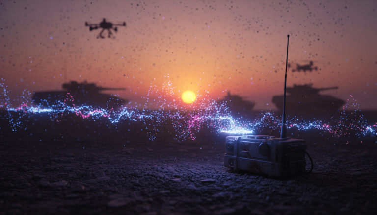 Equipo de comunicaciones militares tácticas rodeado por ondas electromagnéticas visualizadas en un entorno de guerra electrónica moderna.