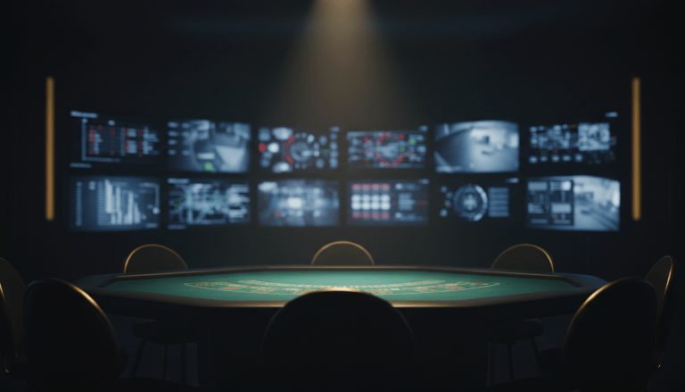 Sala de casino moderna con tecnologia de vigilancia avanzada y monitores de datos analizando la seguridad del juego
