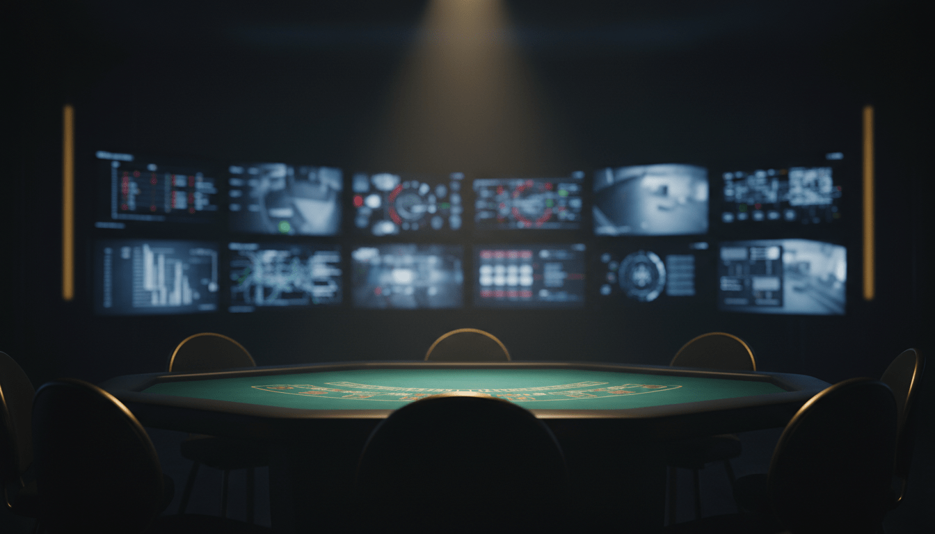 Sala de casino moderna con tecnologia de vigilancia avanzada y monitores de datos analizando la seguridad del juego