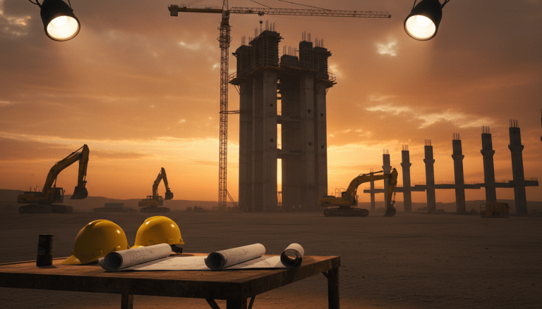 Sitio de construcción de infraestructura crítica en una zona de alto riesgo geopolítico con iluminación cinematográfica.