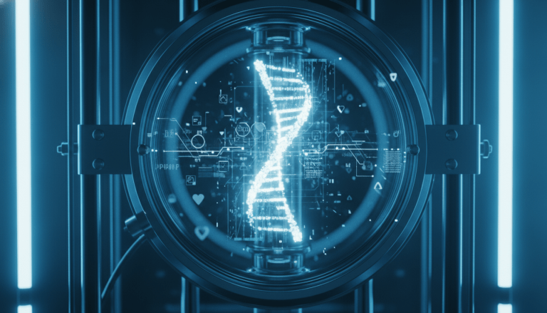 Biorreactor futurista con estructuras de ADN y datos digitales representando la protección de propiedad intelectual en food tech.
