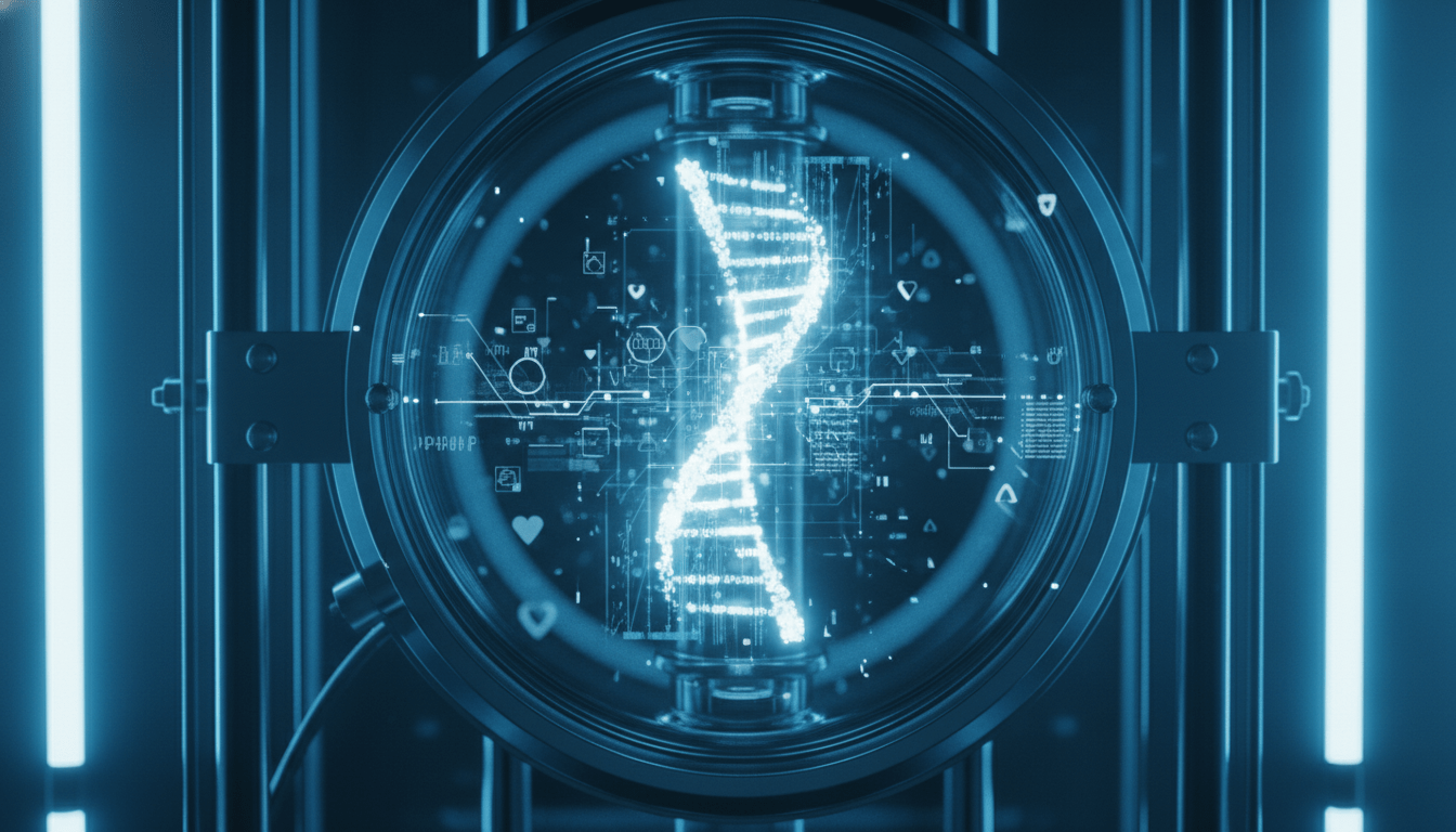 Biorreactor futurista con estructuras de ADN y datos digitales representando la protección de propiedad intelectual en food tech.