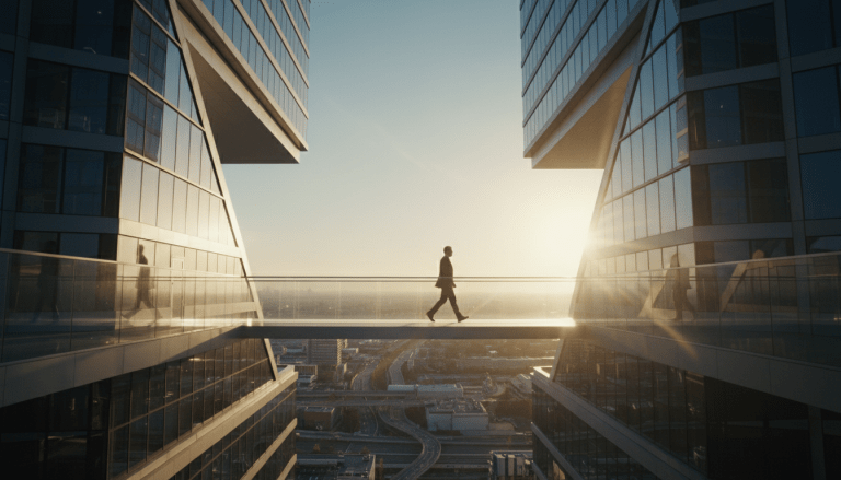 Ejecutivo corporativo caminando por un puente de cristal arquitectónico representando la integridad en el mercado global