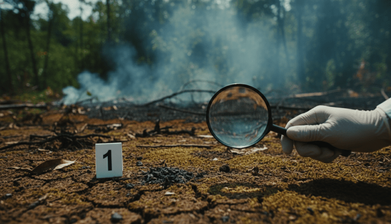 Investigador forense analizando huellas de un delito ambiental en un bosque deforestado.