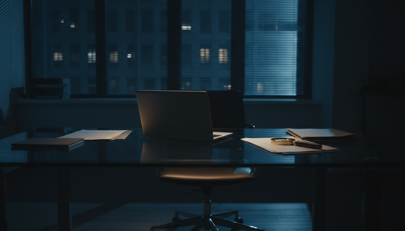 Investigación de competencia desleal y espionaje corporativo en una oficina moderna con sombras dramáticas