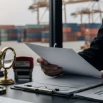 Investigador analizando documentos y sellos aduaneros para detectar violaciones en las leyes de importación y exportación.