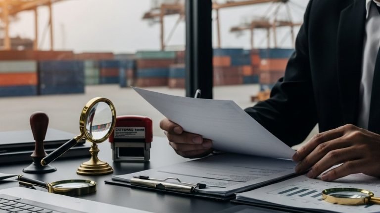 Investigador analizando documentos y sellos aduaneros para detectar violaciones en las leyes de importación y exportación.