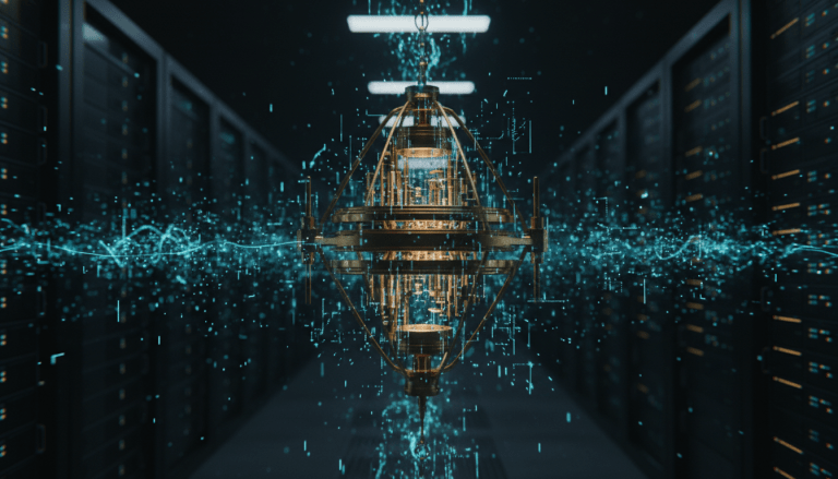 Infraestructura digital expuesta a la amenaza de la computacion cuantica representada con luz azul y estructuras geometricas complejas.