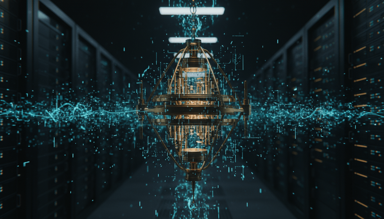 Infraestructura digital expuesta a la amenaza de la computacion cuantica representada con luz azul y estructuras geometricas complejas.
