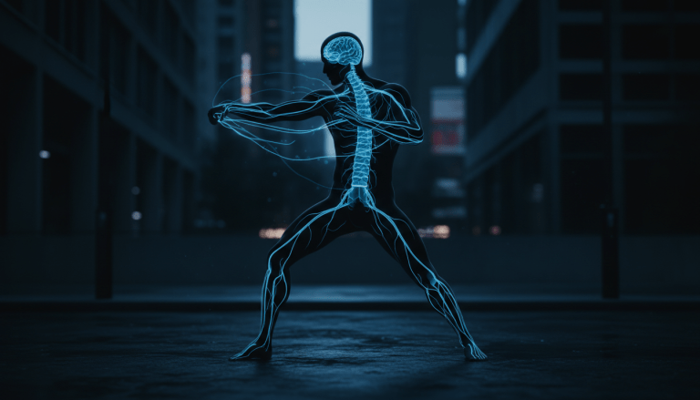 Representación artística de la memoria muscular y el sistema nervioso en un experto en artes marciales