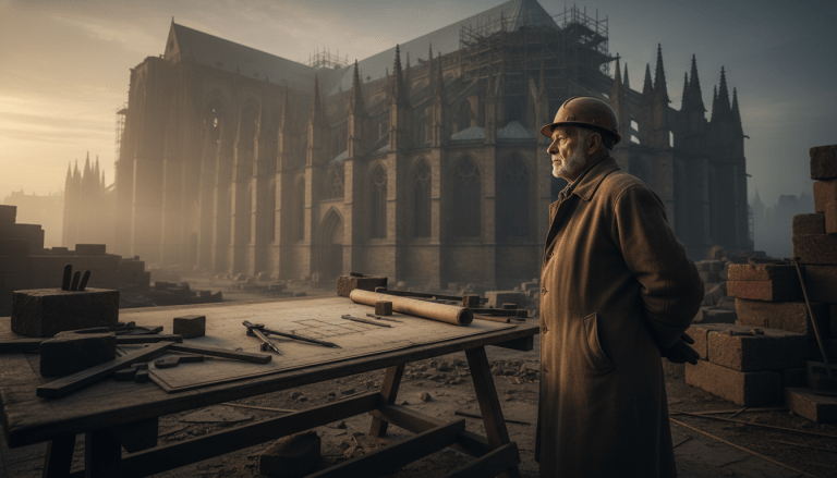 Arquitecto visionario trabajando en la construcción de una catedral centenaria simbolizando el legado empresarial