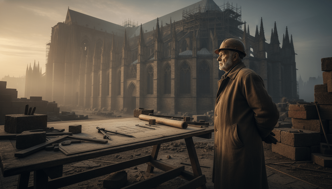 Arquitecto visionario trabajando en la construcción de una catedral centenaria simbolizando el legado empresarial