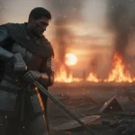 Guerrero medieval en actitud reflexiva tras una batalla sobre la ética de la violencia.