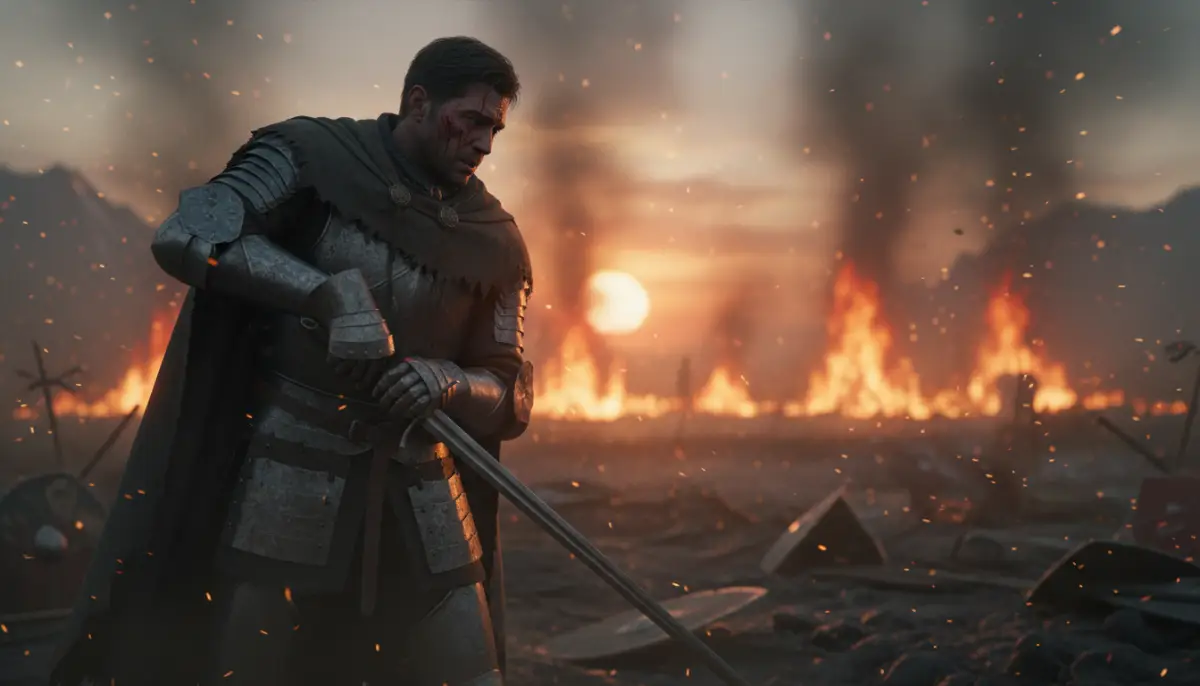 Guerrero medieval en actitud reflexiva tras una batalla sobre la ética de la violencia.