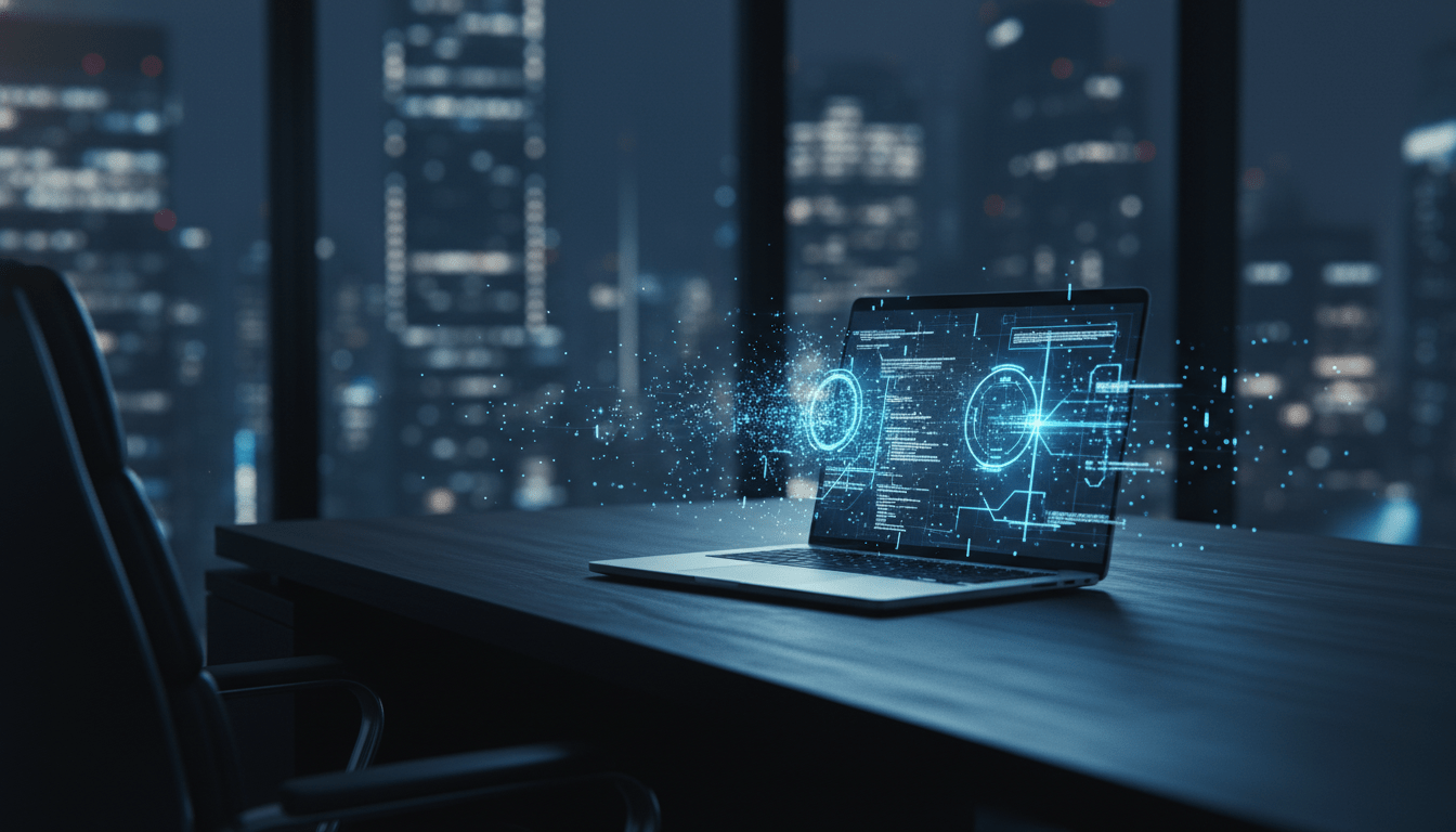 Concepto de ciberseguridad corporativa con redes digitales abstractas en una oficina moderna a oscuras