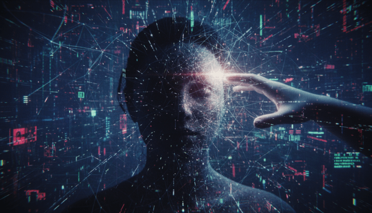 Imagen abstracta y oscura que representa la guerra de la información, con un rostro humano difuso inmerso en una red brillante y compleja de datos digitales. Simboliza la manipulación de la percepción, la realidad y la verdad en la era digital. Palabras clave: desinformación, manipulación digital, ciberguerra, narrativa, impacto social, geopolítica, inteligencia artificial, verdad, realidad alterada.