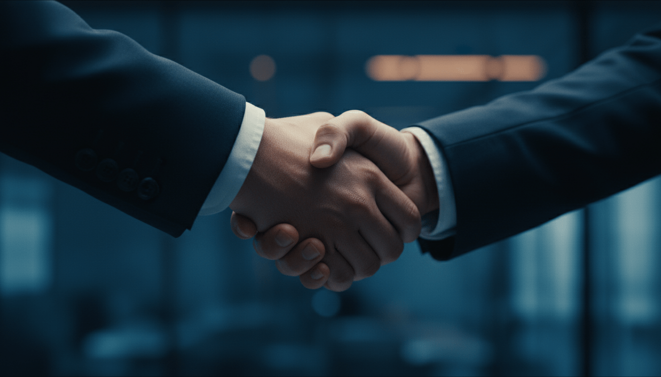 Dos profesionales sellando un acuerdo mediante un apretón de manos firme, simbolizando confianza y liderazgo en un entorno corporativo.
