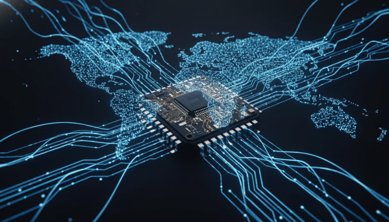 Microchip conectado a una red global digital representando la seguridad en la cadena de suministro de defensa nacional