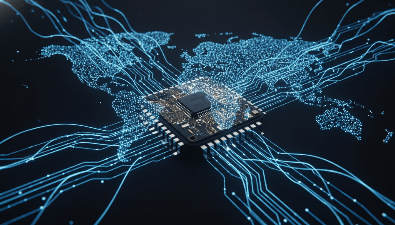 Microchip conectado a una red global digital representando la seguridad en la cadena de suministro de defensa nacional