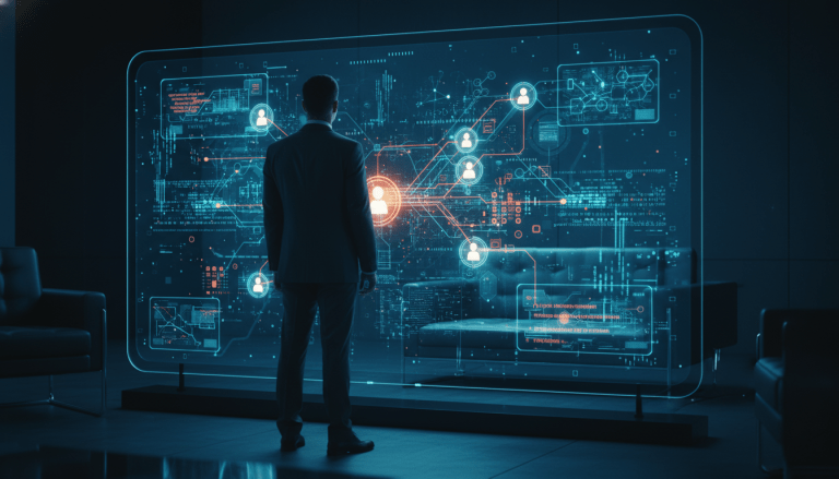 Estratega de seguridad analizando redes de datos complejos y flujo de inteligencia digital