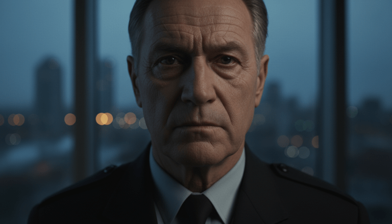 Guardia de seguridad veterano con mirada intensa reflexionando sobre el impacto psicológico de su profesión.