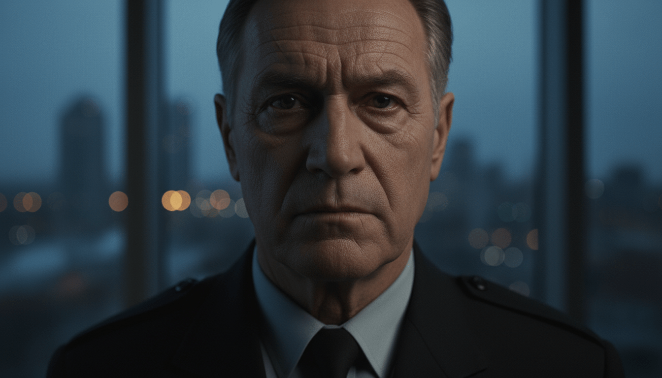 Guardia de seguridad veterano con mirada intensa reflexionando sobre el impacto psicológico de su profesión.